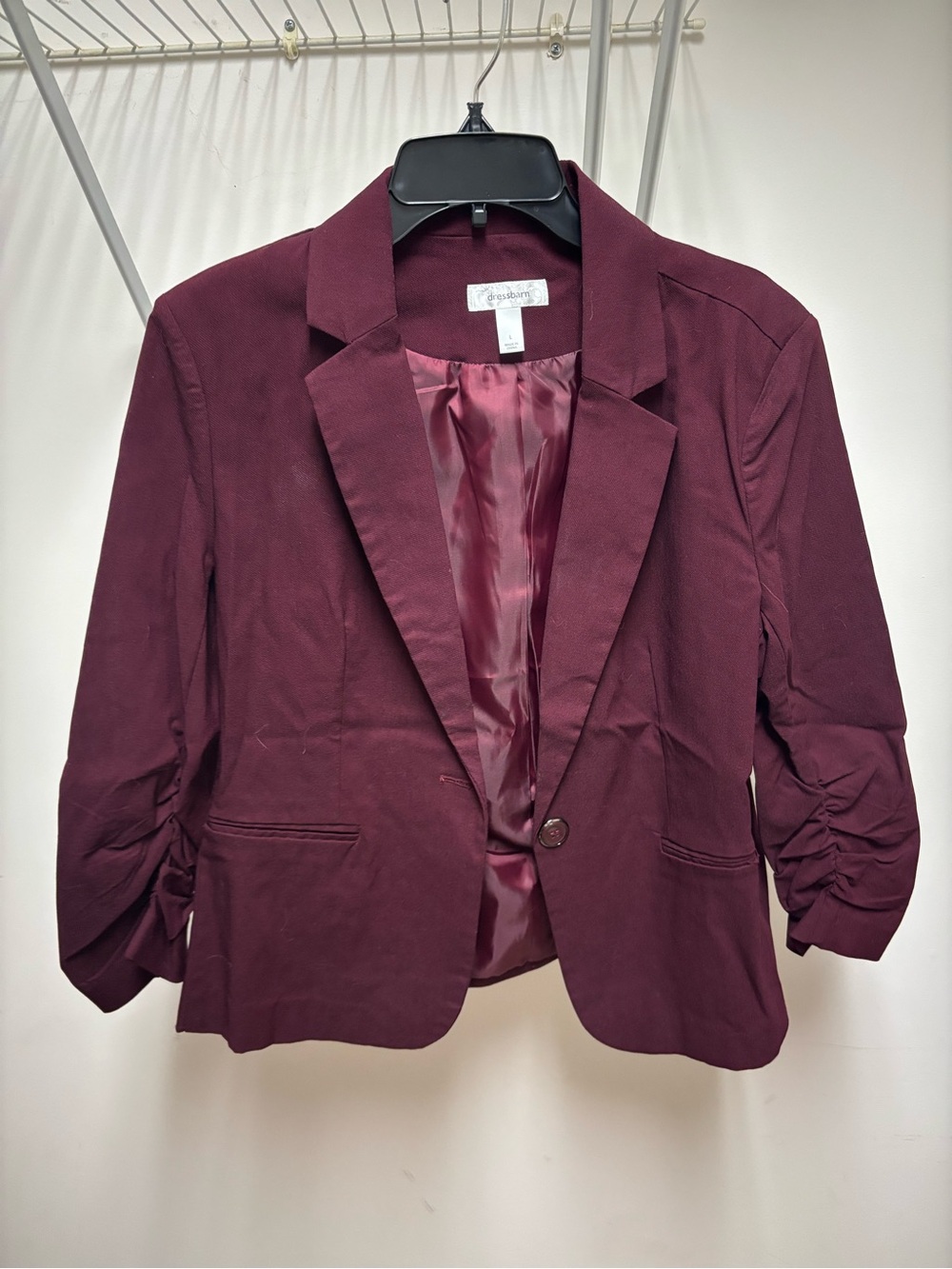 Dress Barn Women's Burgundy Single-Button Blazer with Ruched Sleeves